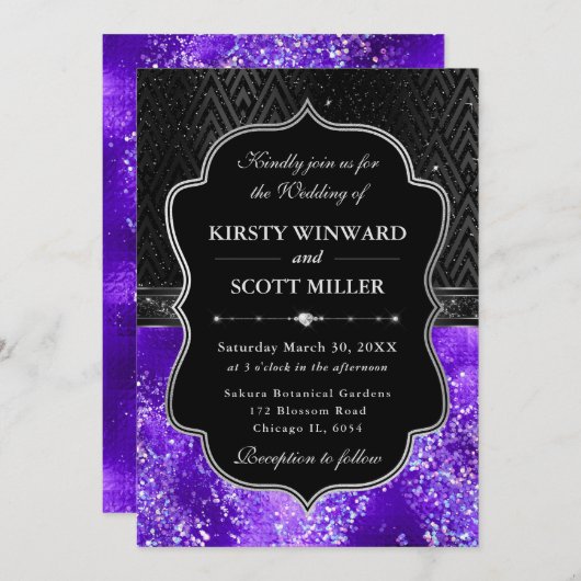 Elegant Black Silver Purple Glitter Wedding 招待状 (正面/裏面)