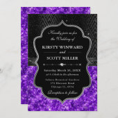 Elegant Black Silver Purple Sequin Glitter Wedding 招待状 (正面/裏面)