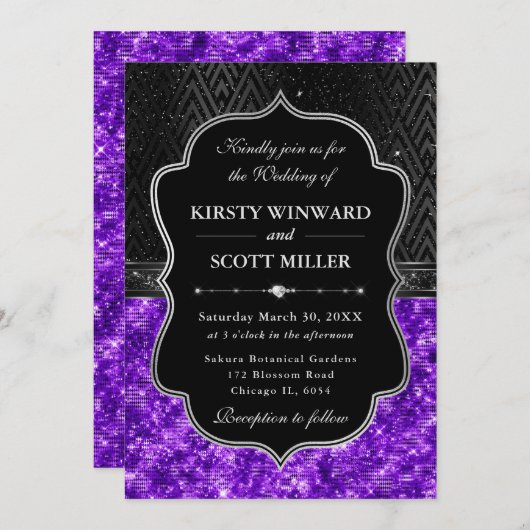 Elegant Black Silver Purple Sequin Glitter Wedding 招待状 (正面/裏面)
