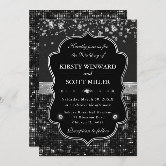 Elegant Black & Silver Sparkling Glitter Wedding 招待状 (正面/裏面)