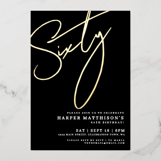 Elegant Black Sixty 60th Birthday Gold 箔招待状 (正面)