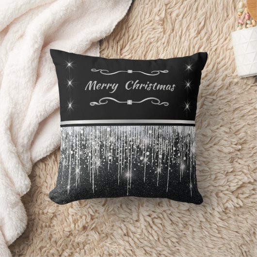 Elegant Black Sparkly Silver Merry Christmas クッション (ブランケット)