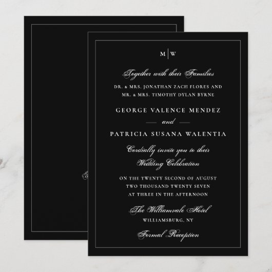 Elegant Black Tie Monogram QR Code Wedding 招待状 (正面/裏面)