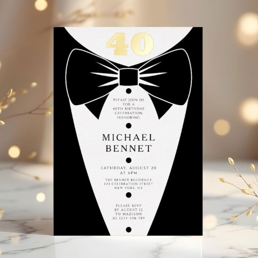 Elegant Black Tuxedo 40th Birthday Gold 箔招待状