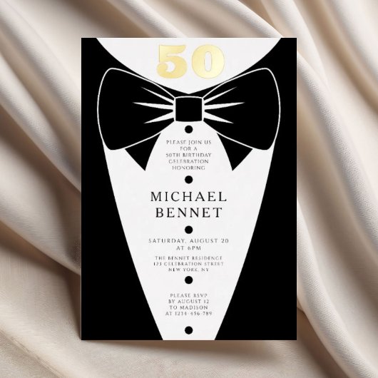 Elegant Black Tuxedo 50th Birthday Gold 箔招待状