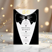 Elegant Black Tuxedo 50th Birthday Gold 箔招待状