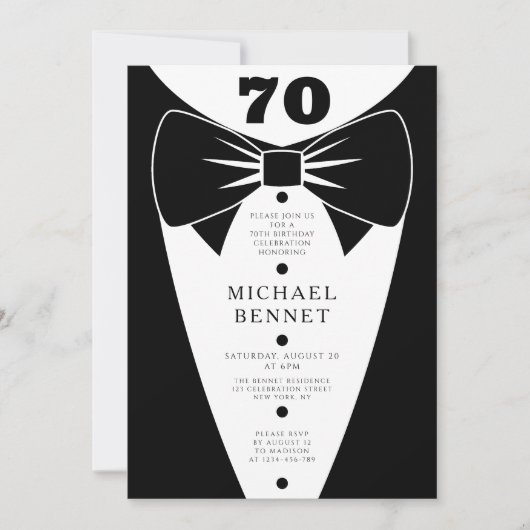 Elegant Black Tuxedo 70th Birthday 招待状 (正面)
