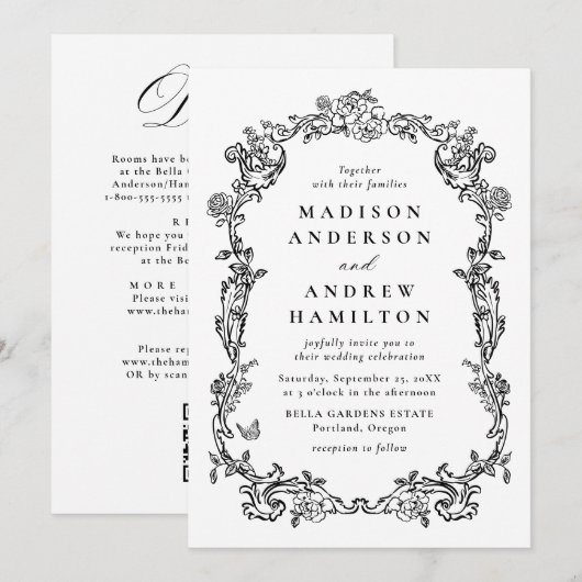 Elegant Black Victorian Floral All in One Wedding 招待状 (正面/裏面)