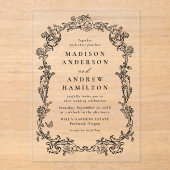 Elegant Black Victorian Floral Frame Wedding アクリル招待状 (正面)