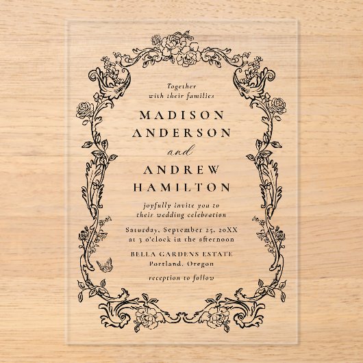 Elegant Black Victorian Floral Frame Wedding アクリル招待状 (正面)