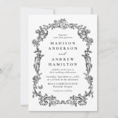Elegant Black Victorian Floral Frame Wedding 招待状 (正面)