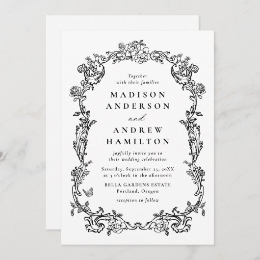 Elegant Black Victorian Floral Frame Wedding 招待状 (正面/裏面)
