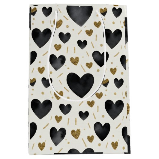 Elegant Black Watercolor & Gold Glitter Heart Patt ミディアムペーパーバッグ (正面)