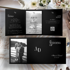 Elegant black wedding photo RSVP QR all in one 三つ折り招待状