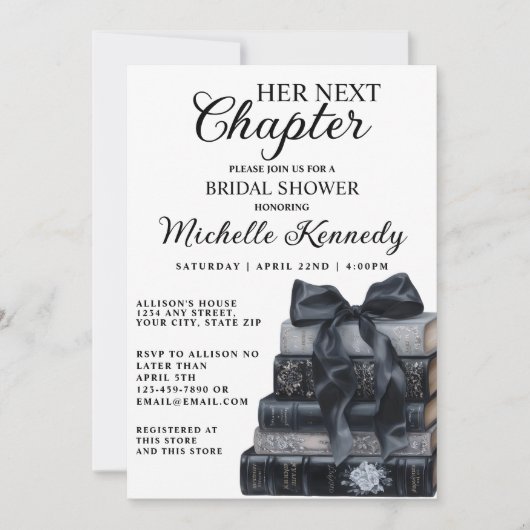 Elegant Black & White A New Chapter Bridal Shower  招待状 (正面)