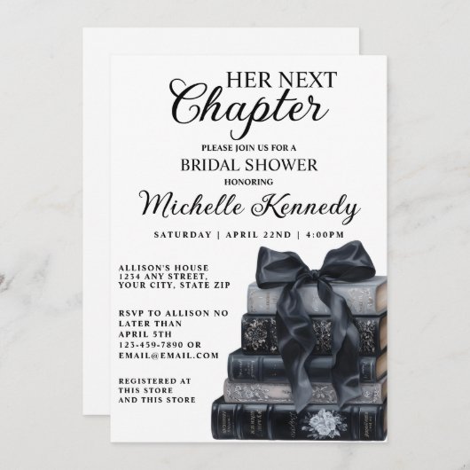 Elegant Black & White A New Chapter Bridal Shower 招待状 (正面/裏面)