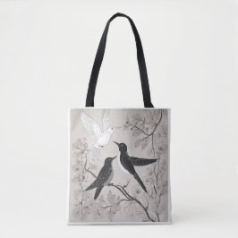Elegant Black & White Birds Floral Art Tote Bag トートバッグ