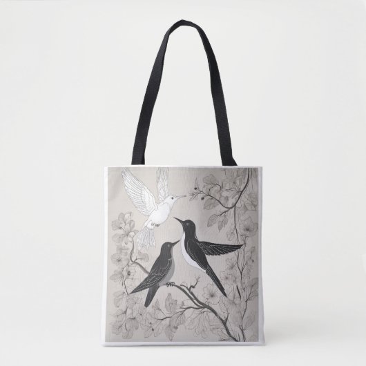 Elegant Black & White Birds Floral Art Tote Bag トートバッグ (正面)