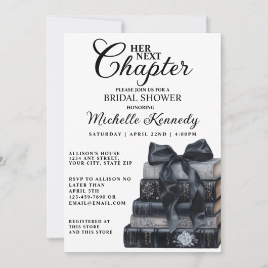 Elegant Black & White Book Themed Bridal Shower  招待状 (正面)