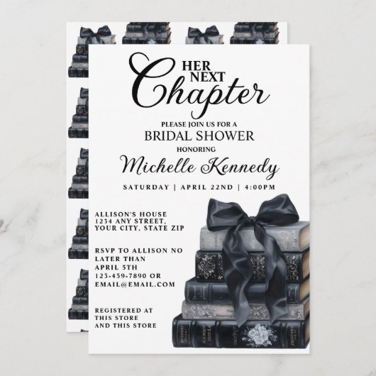 Elegant Black & White Book Themed Bridal Shower  招待状 (正面/裏面)
