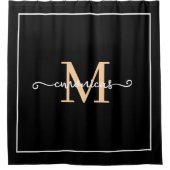 Elegant Black &white Bordar Script Monogram Name  シャワーカーテン (正面)