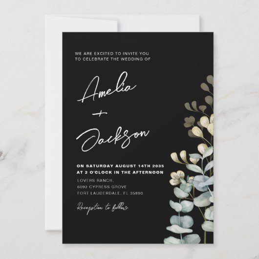 Elegant Black & White Botancial Wedding  招待状 (正面)