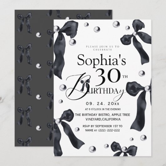 Elegant Black & White Bow Birthday   招待状 (正面/裏面)