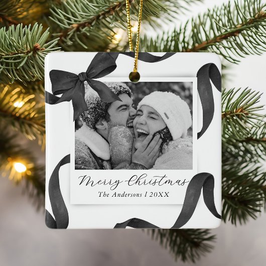 Elegant Black White Bow Photo Holiday セラミックオーナメント