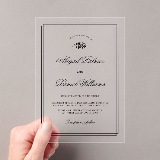 Elegant black, white branch and border wedding アクリル招待状 (インサイチュ (ポータブル))