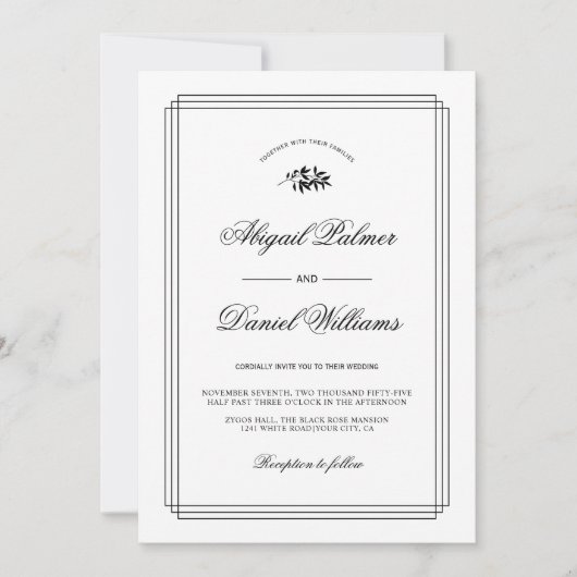 Elegant black, white branch and border wedding 招待状 (正面)