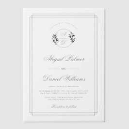 Elegant black, white branch and initials wedding ベラム紙招待状