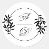 Elegant black, white branch and initials wedding ラウンドシール (正面)