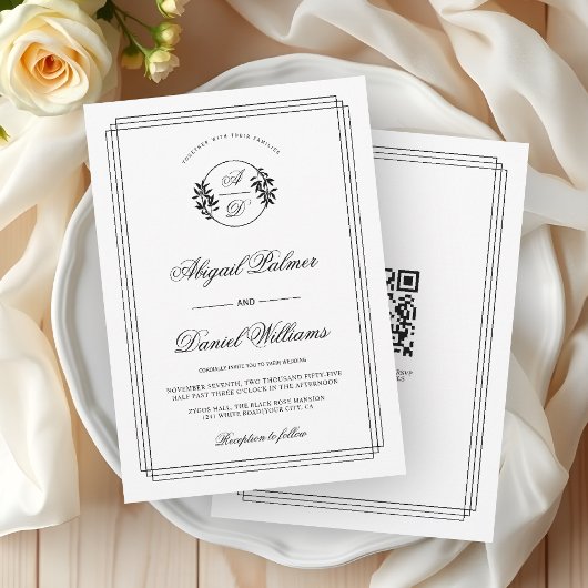 Elegant black, white branch and QR code wedding 招待状