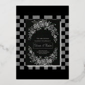 Elegant Black & White Cascading Floral Wedding 箔招待状 (正面)