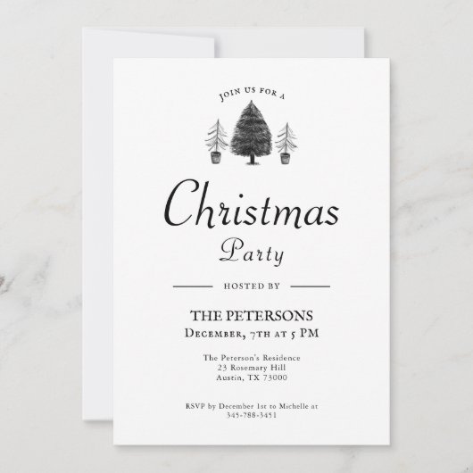 Elegant Black & White Christmas Tree Christmas 招待状 (正面)