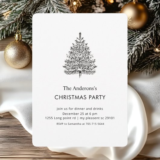 "Elegant Black & White Christmas Tree Party 招待状