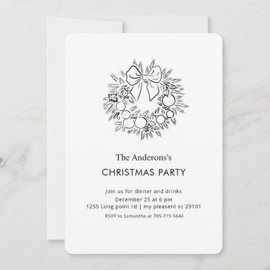 Elegant Black & White Christmas Wreath Party  招待状 (正面)