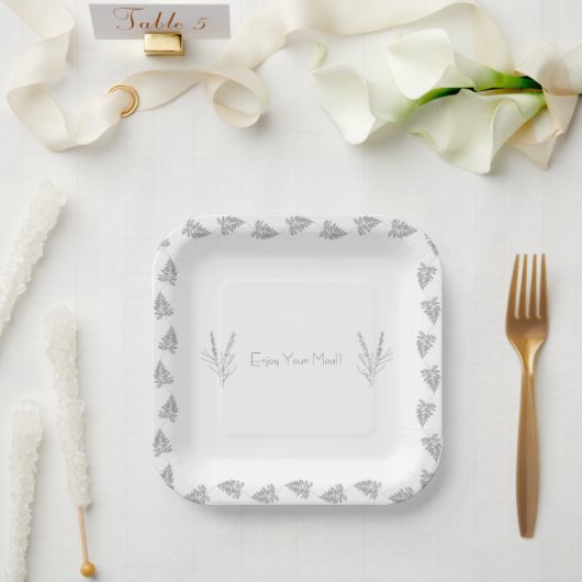 Elegant Black & White Classic Botanical Line Plate ペーパープレート (ウェディング)