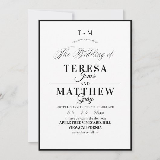 Elegant Black & White Classic Script Wedding 招待状 (正面)