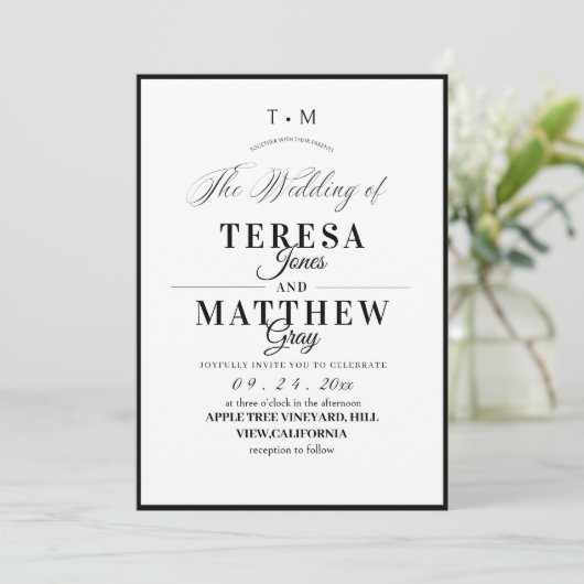 Elegant Black & White Classic Script Wedding 招待状 (スタンド正面)