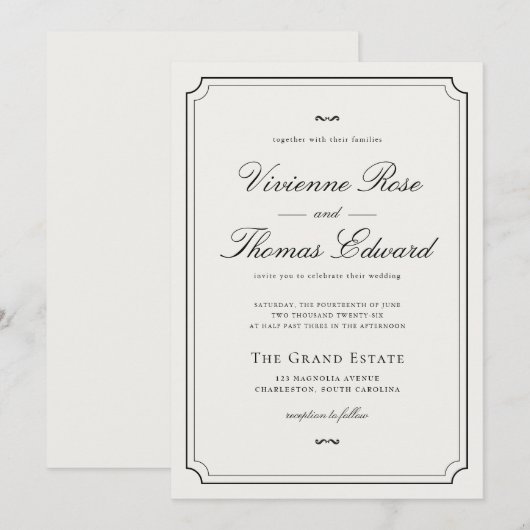 Elegant Black & White Classic Script Wedding 招待状 (正面/裏面)