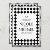 Elegant Black &White Diamond Pattern Wedding 招待状 (正面/裏面)