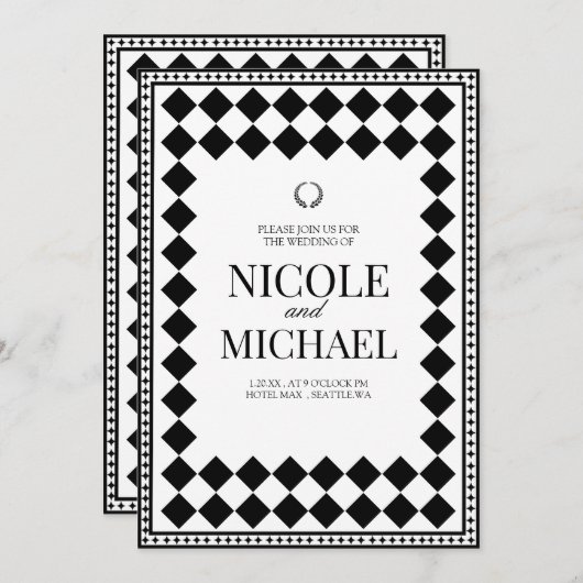 Elegant Black &White Diamond Pattern Wedding 招待状 (正面/裏面)