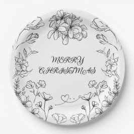Elegant Black White Floral Christmas Plate ペーパープレート