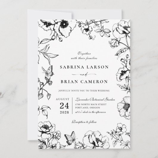 Elegant Black White Floral Garden QR Code Wedding 招待状 (正面)