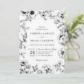 Elegant Black White Floral Garden QR Code Wedding 招待状 (スタンド正面)