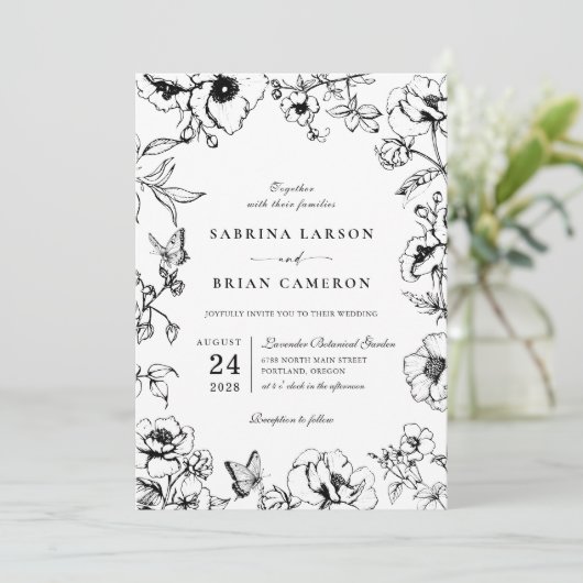 Elegant Black White Floral Garden QR Code Wedding 招待状 (スタンド正面)
