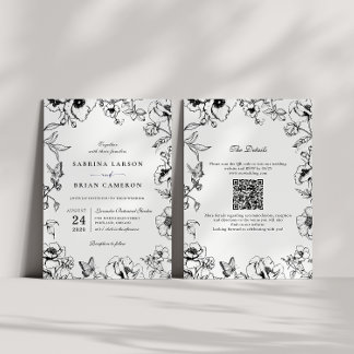 Elegant Black White Floral Garden QR Code Wedding 招待状