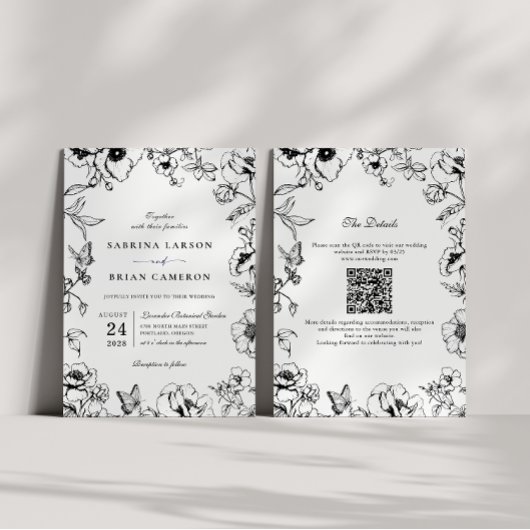 Elegant Black White Floral Garden QR Code Wedding 招待状