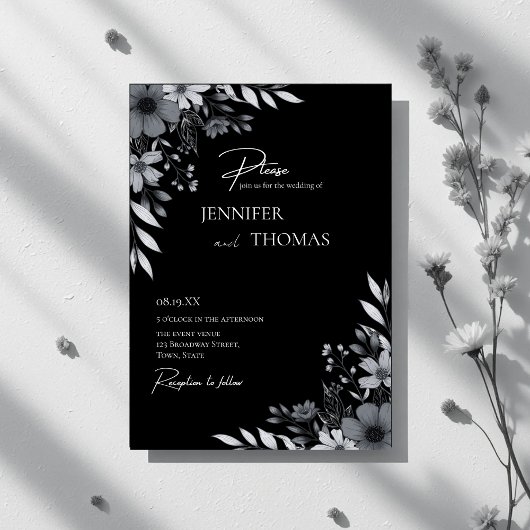 Elegant Black & White Floral Hand-Drawn Wedding 招待状